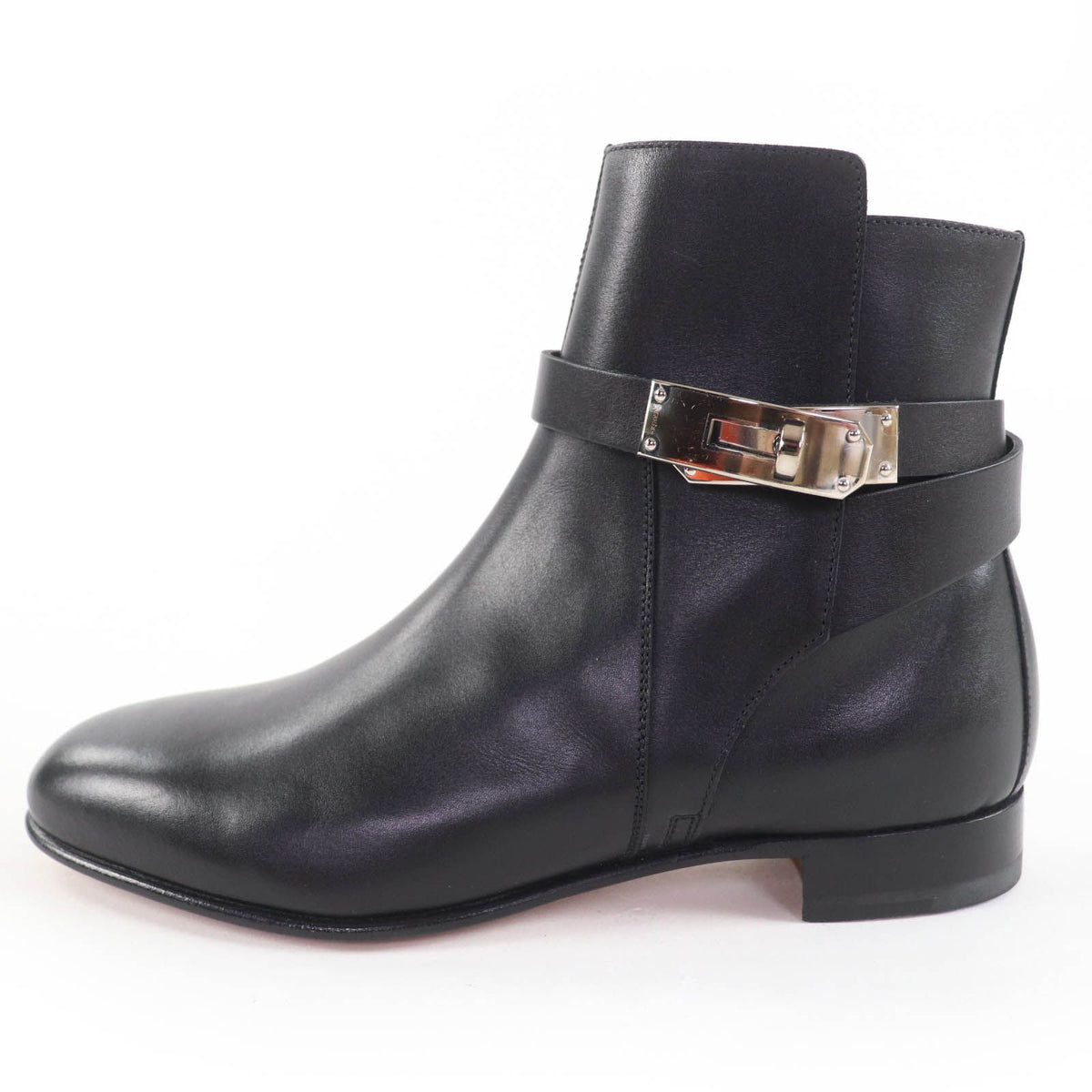 Hermes Neo Silver Kelly Buckle Leather Short Boots Black — view 5