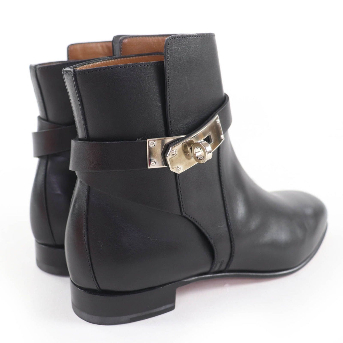 Hermes Neo Silver Kelly Buckle Leather Short Boots Black — view 3