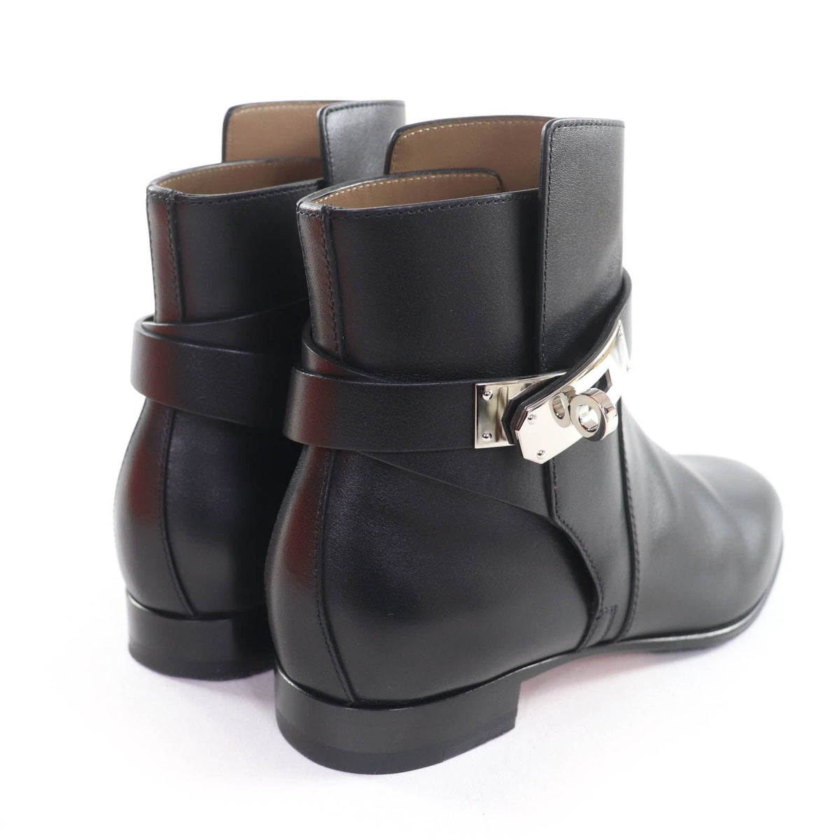 Hermes Neo Silver Kelly Buckle Leather Short Boots Black — view 3
