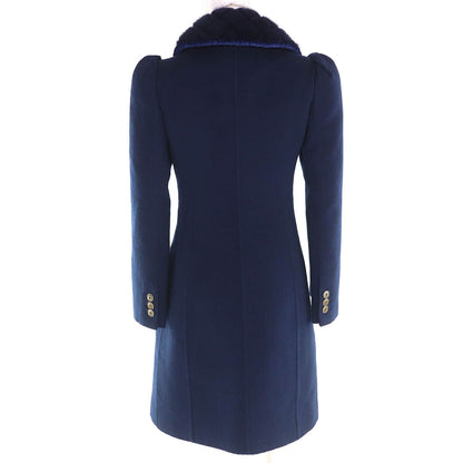 Fendi Wool Silk Mink Logo Button Double Breasted Long Coat Navy 38 — view 3