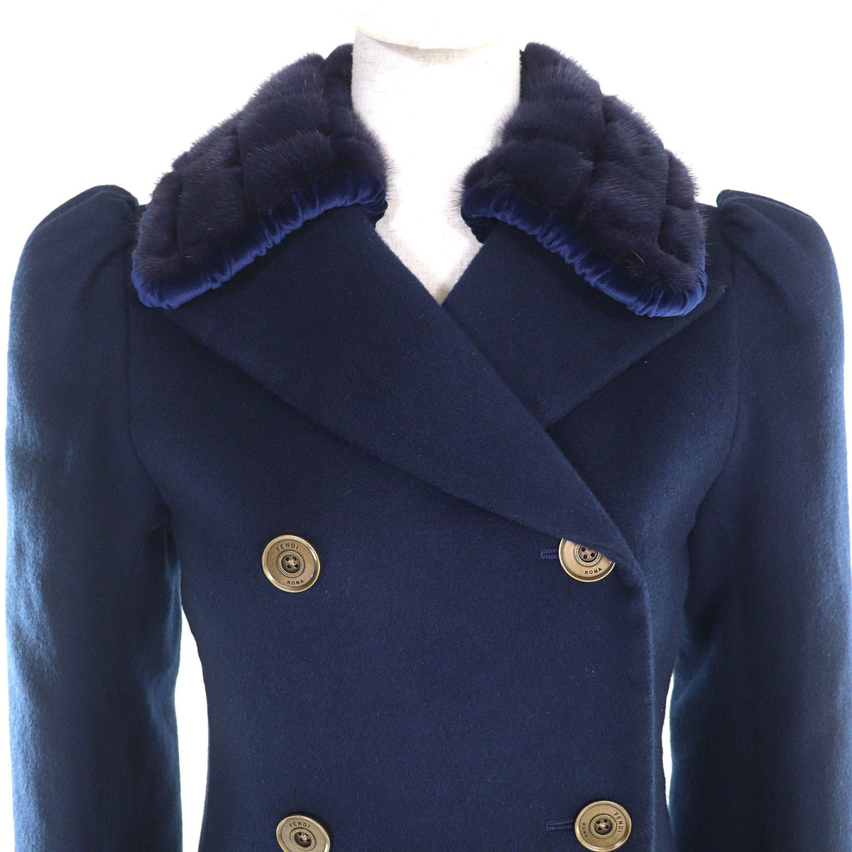 Fendi Wool Silk Mink Logo Button Double Breasted Long Coat Navy 38 — view 4