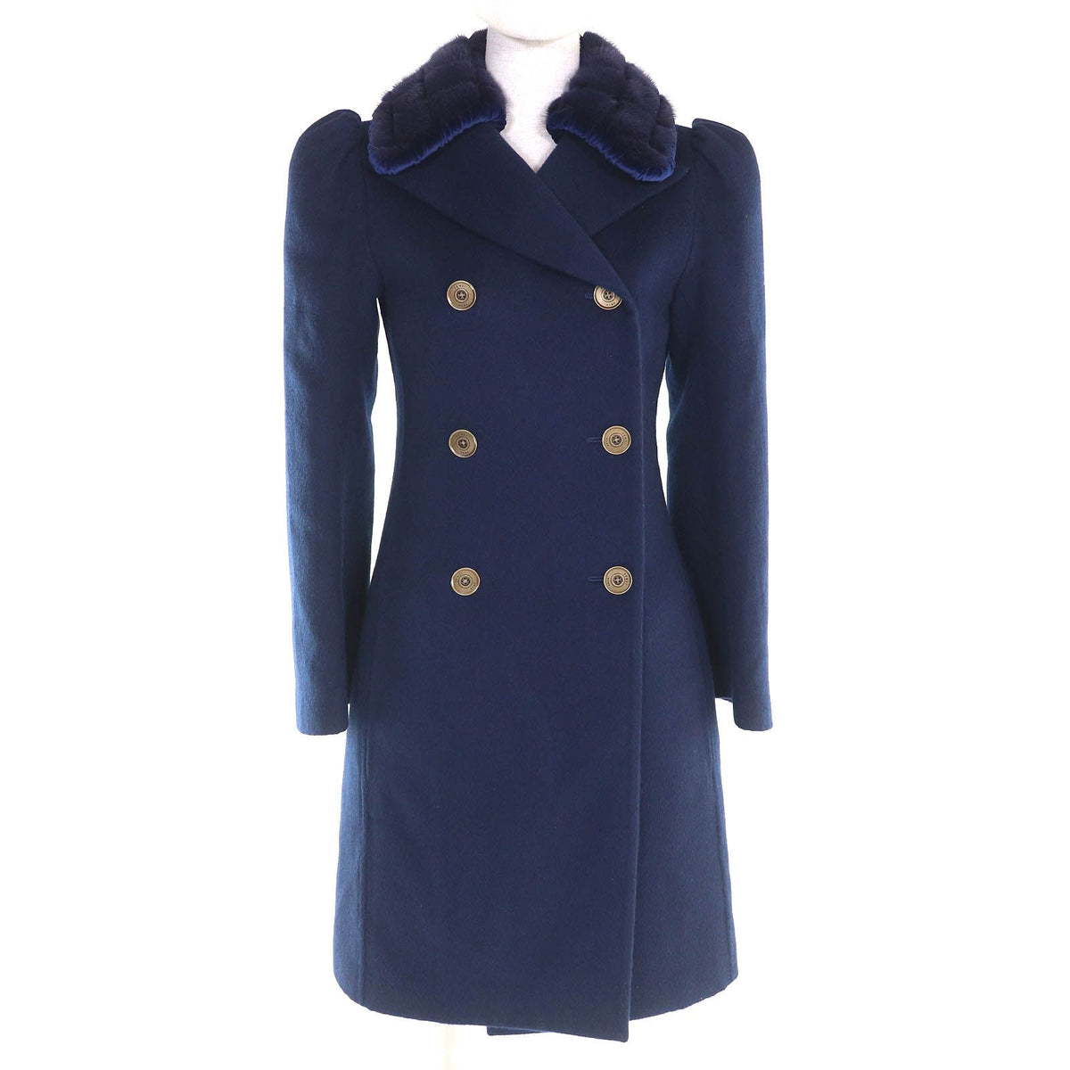 Fendi Wool Silk Mink Logo Button Double Breasted Long Coat Navy 38