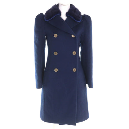Fendi Wool Silk Mink Logo Button Double Breasted Long Coat Navy 38