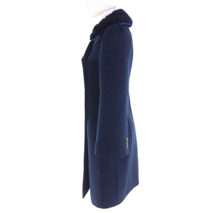 Fendi Wool Silk Mink Logo Button Double Breasted Long Coat Navy 38 — view 2
