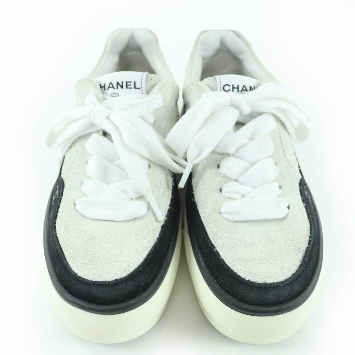 Chanel 23B CC Logo Lace-up Suede Leather Low-Top Sneakers White — view 3