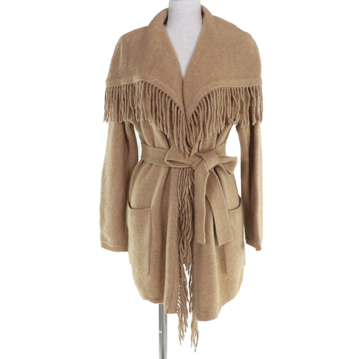 Max Mara Wool Camel Belt with Fringe Knit Coat Cardigan