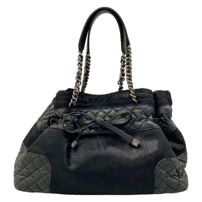 Chanel Tote Bag Black Chain Shoulder Silver Leather
