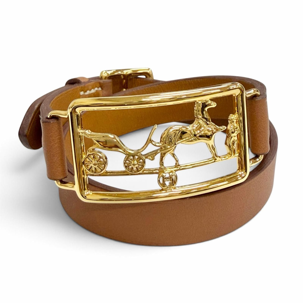 Hermes Caleche Double Tour Bracelet Leather Gold Brown