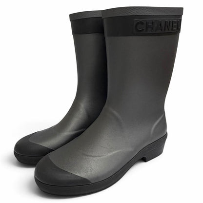 Chanel Rubber CC Logo Side Rain Boots Short Black