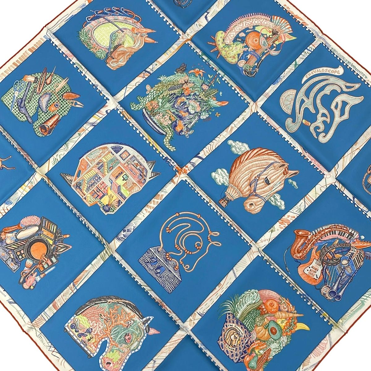 Hermes Scarf Carre 90 Blue Orange Multi Chevaloscope