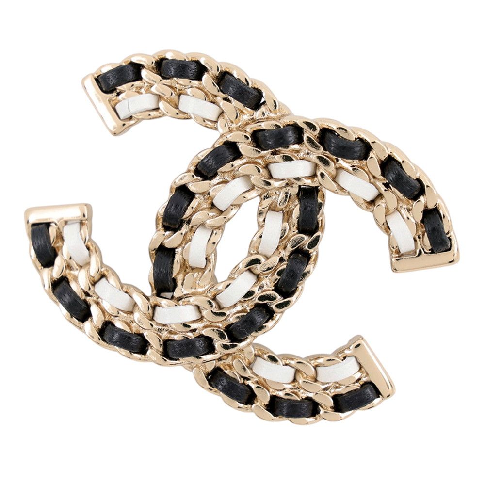Chanel Brooch CC Logo Leather Black White