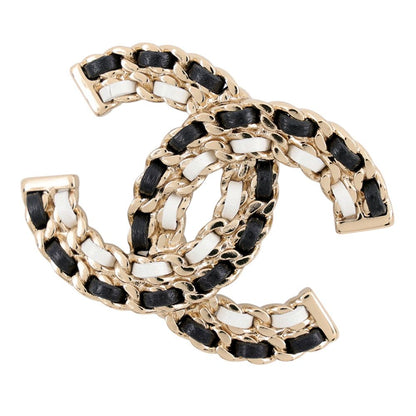 Chanel Brooch CC Logo Leather Black White