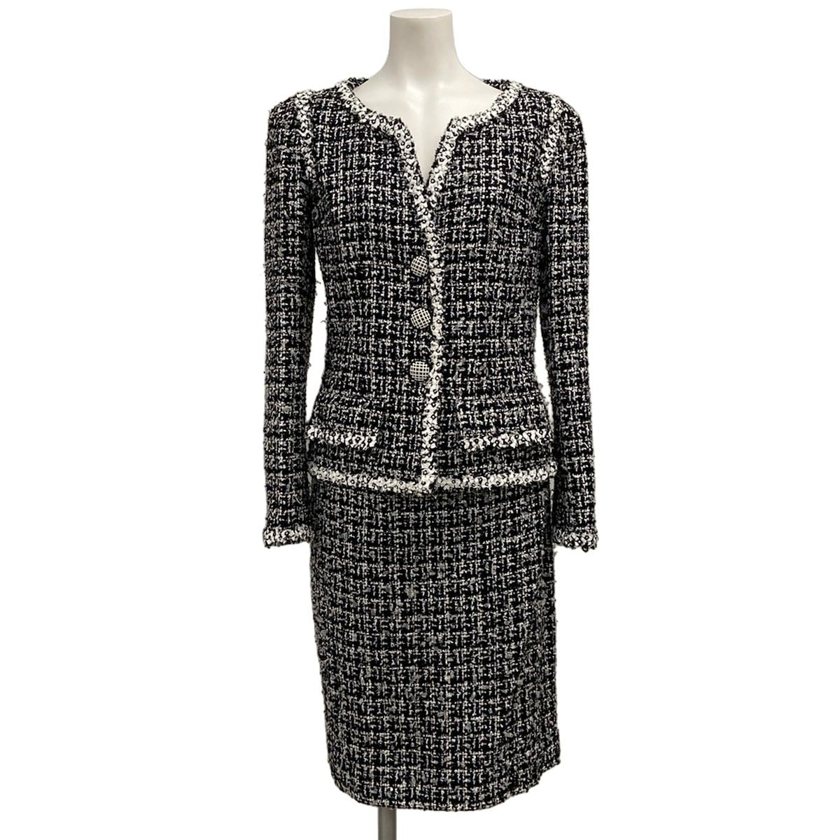 Chanel Skirt Suit Black White Tweed Wool