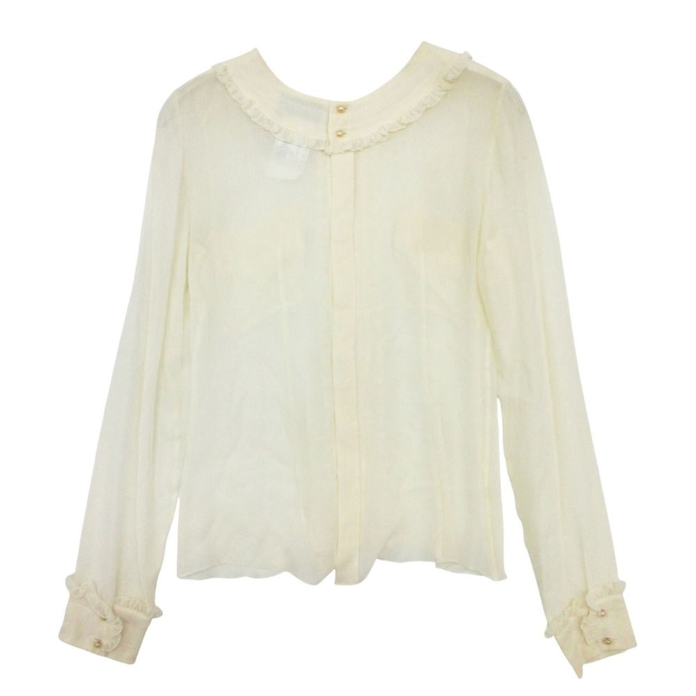 Chanel Blouse Ensemble Silk 100% Sheer Long Sleeve Shirt Camisole Top Ivory — view 3