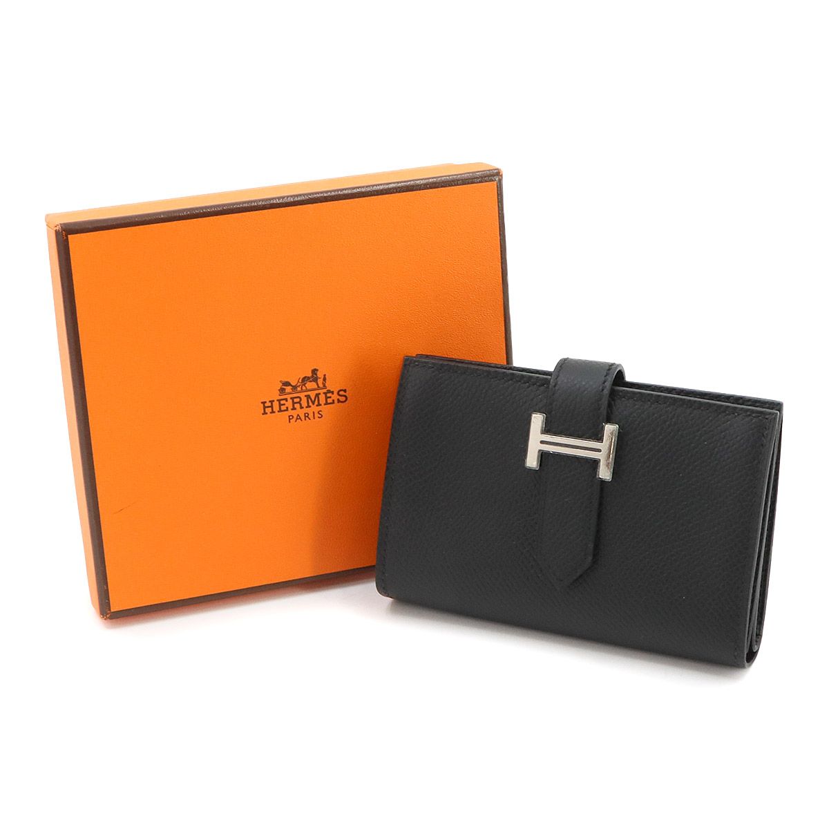 Hermes Bearn Mini Compact Coin Purse Card Case Epsom Black Silver — view 2
