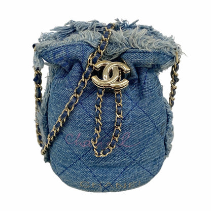 Chanel Shoulder Bag Quilted Denim Blue Champagne Gold