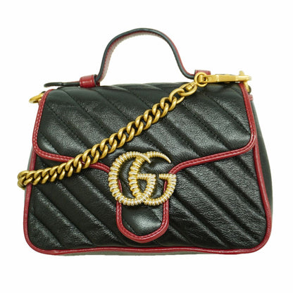 Gucci Handbag GG Marmont Leather Black Red Gold 2-Way Bag