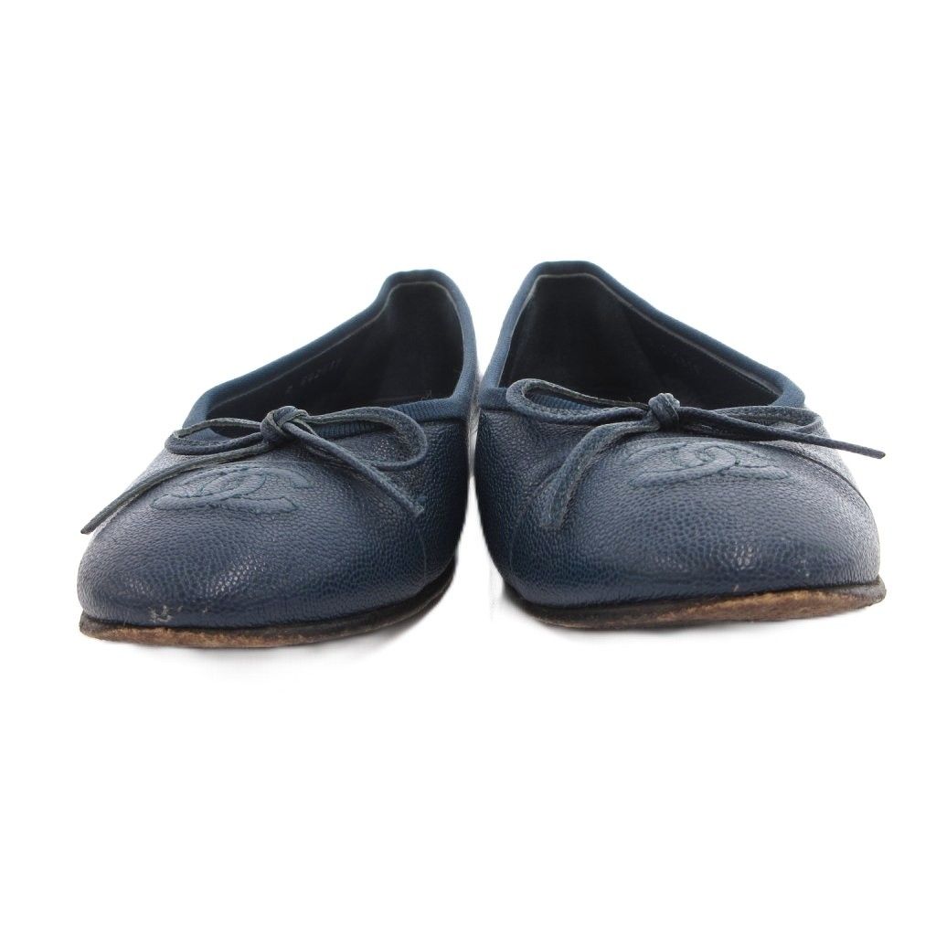 Chanel CC Logo Ballerina Pumps Flat Ballet Shoes Ribbon Motif Leather Navy — view 3