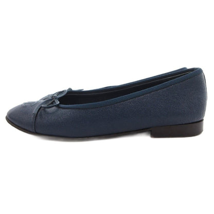 Chanel CC Logo Ballerina Pumps Flat Ballet Shoes Ribbon Motif Leather Navy — view 2