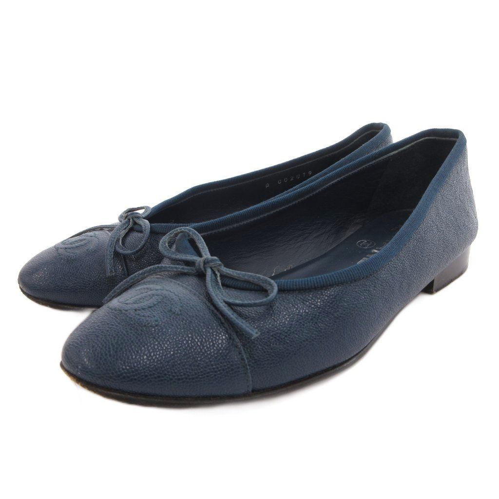 Chanel CC Logo Ballerina Pumps Flat Ballet Shoes Ribbon Motif Leather Navy