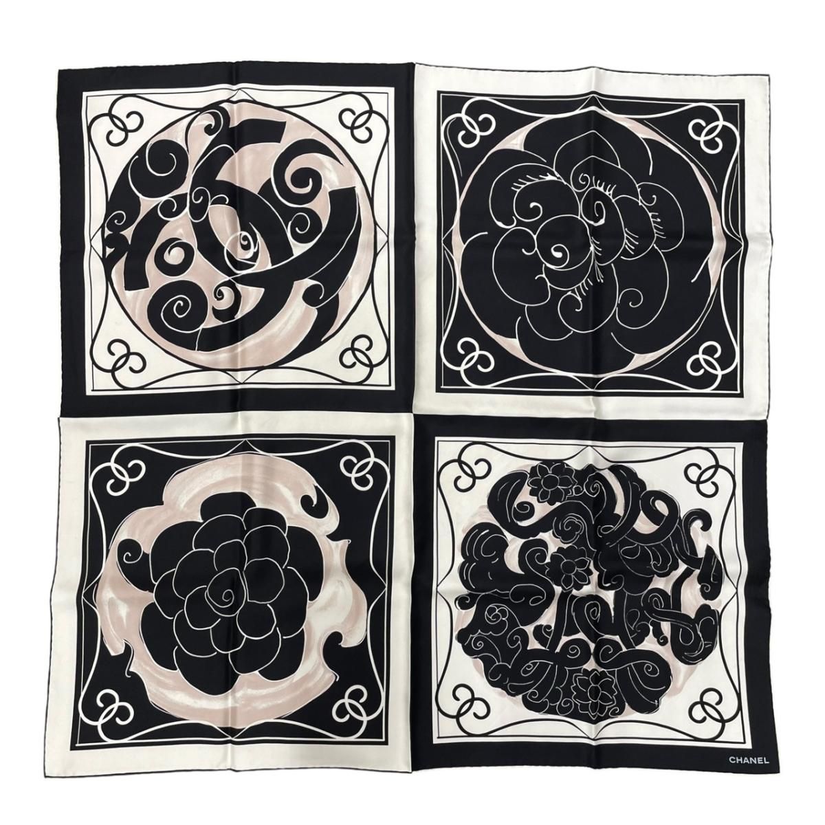 Chanel Scarf CC Logo Camellia Square Silk Black White