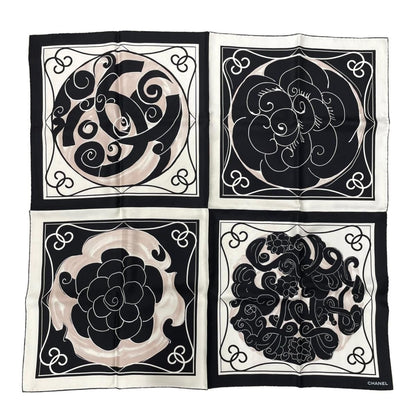 Chanel Scarf CC Logo Camellia Square Silk Black White