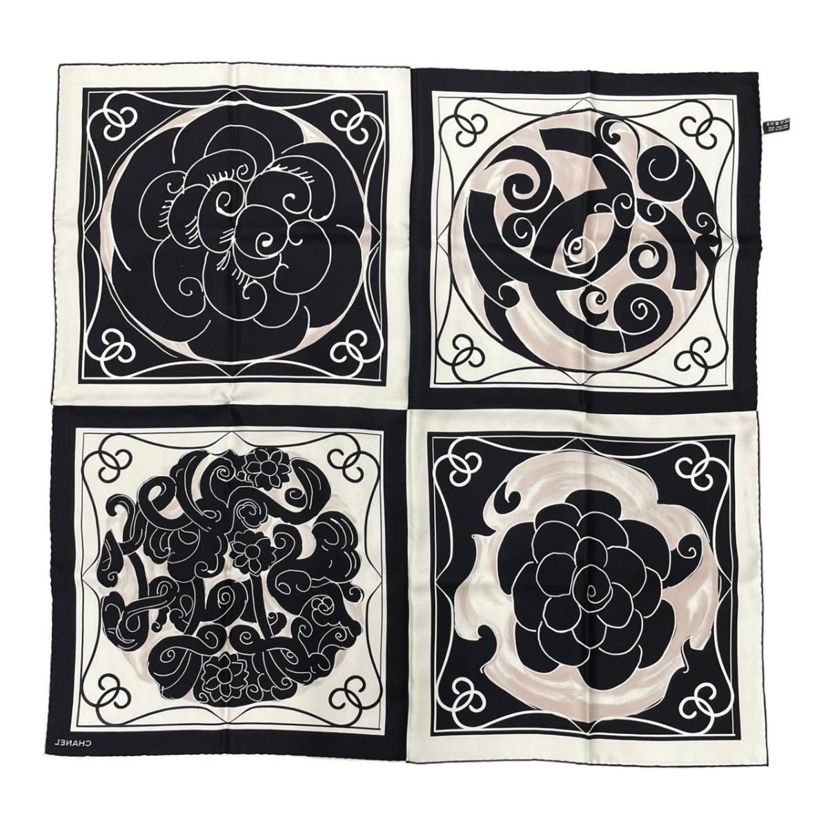 Chanel Scarf CC Logo Camellia Square Silk Black White — view 2