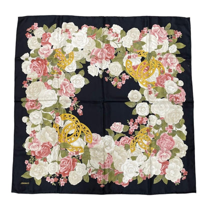 Chanel Scarf Large Camellia CC Logo CC Mark Rose Flower Silk Black — view 2