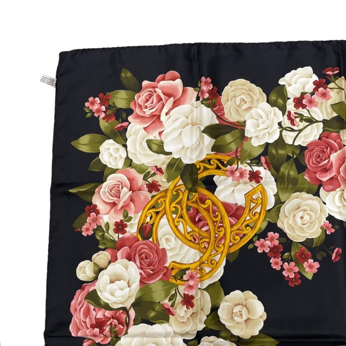 Chanel Scarf Large Camellia CC Logo CC Mark Rose Flower Silk Black — view 3