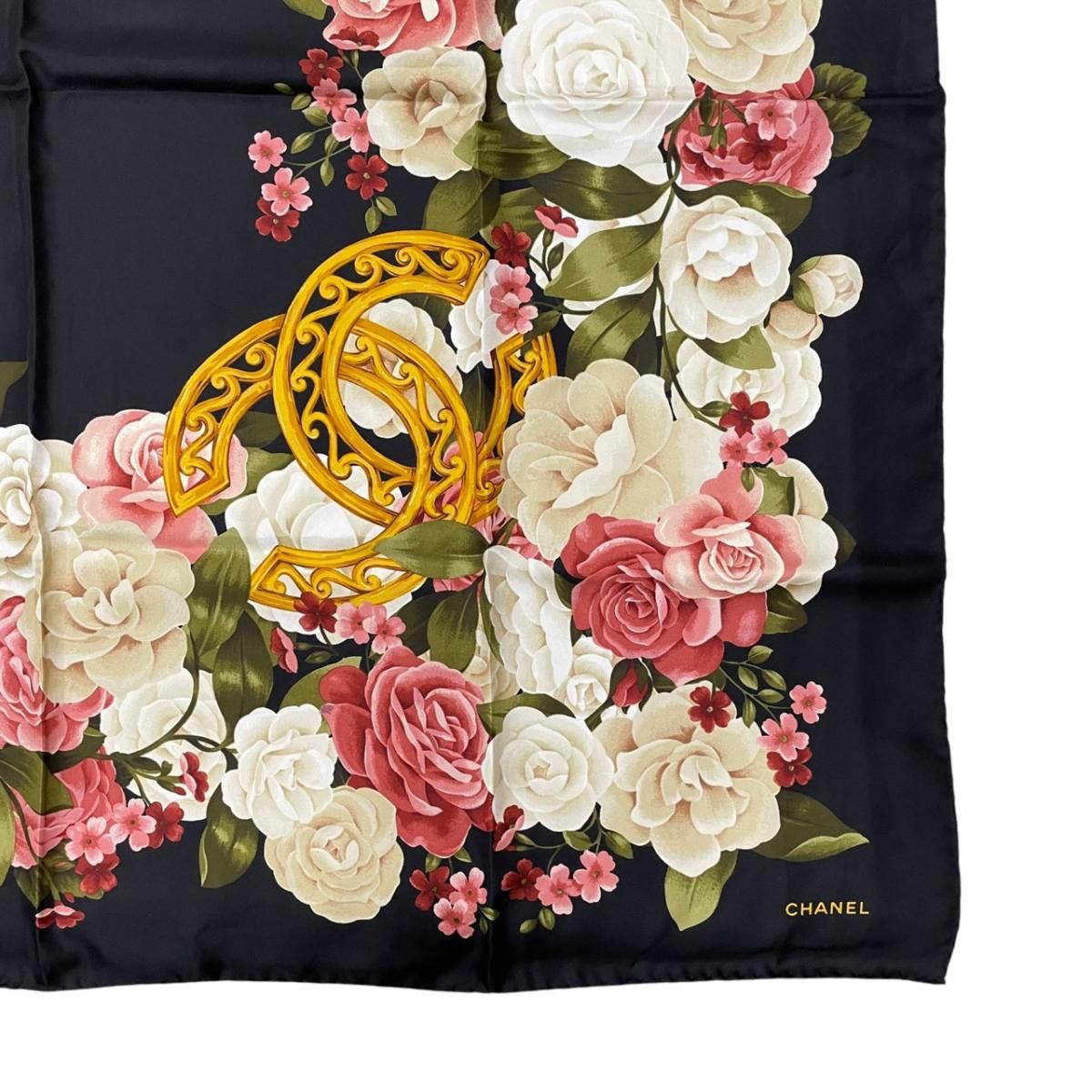 Chanel Scarf Large Camellia CC Logo CC Mark Rose Flower Silk Black — view 6