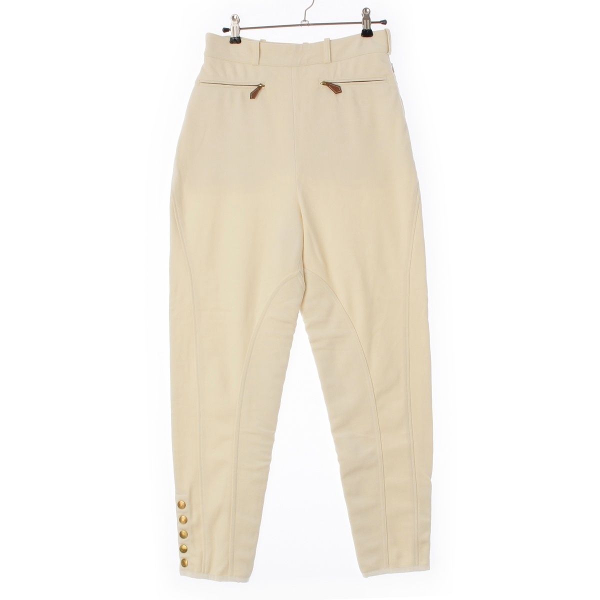 Hermes Cotton Leather Stretch Hem Button Pants Jodhpurs Ivory White 40
