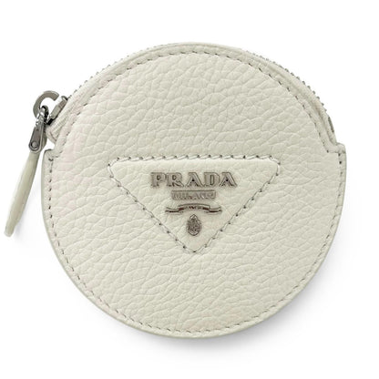 Prada Portamonete Vitello Daino Triangle Logo Round Coin Purse White