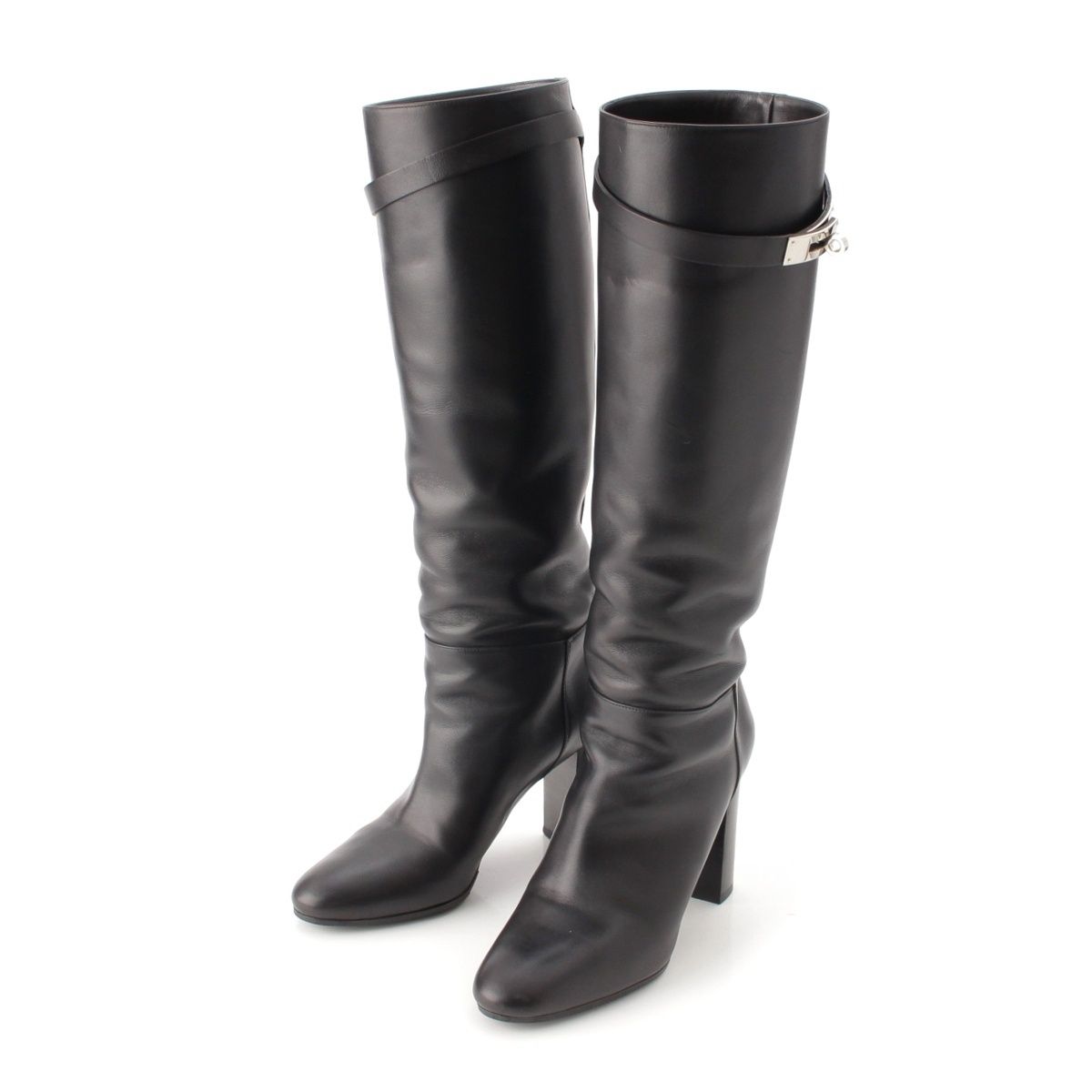 Hermes Story Leather Kelly Heels Long Boots Black