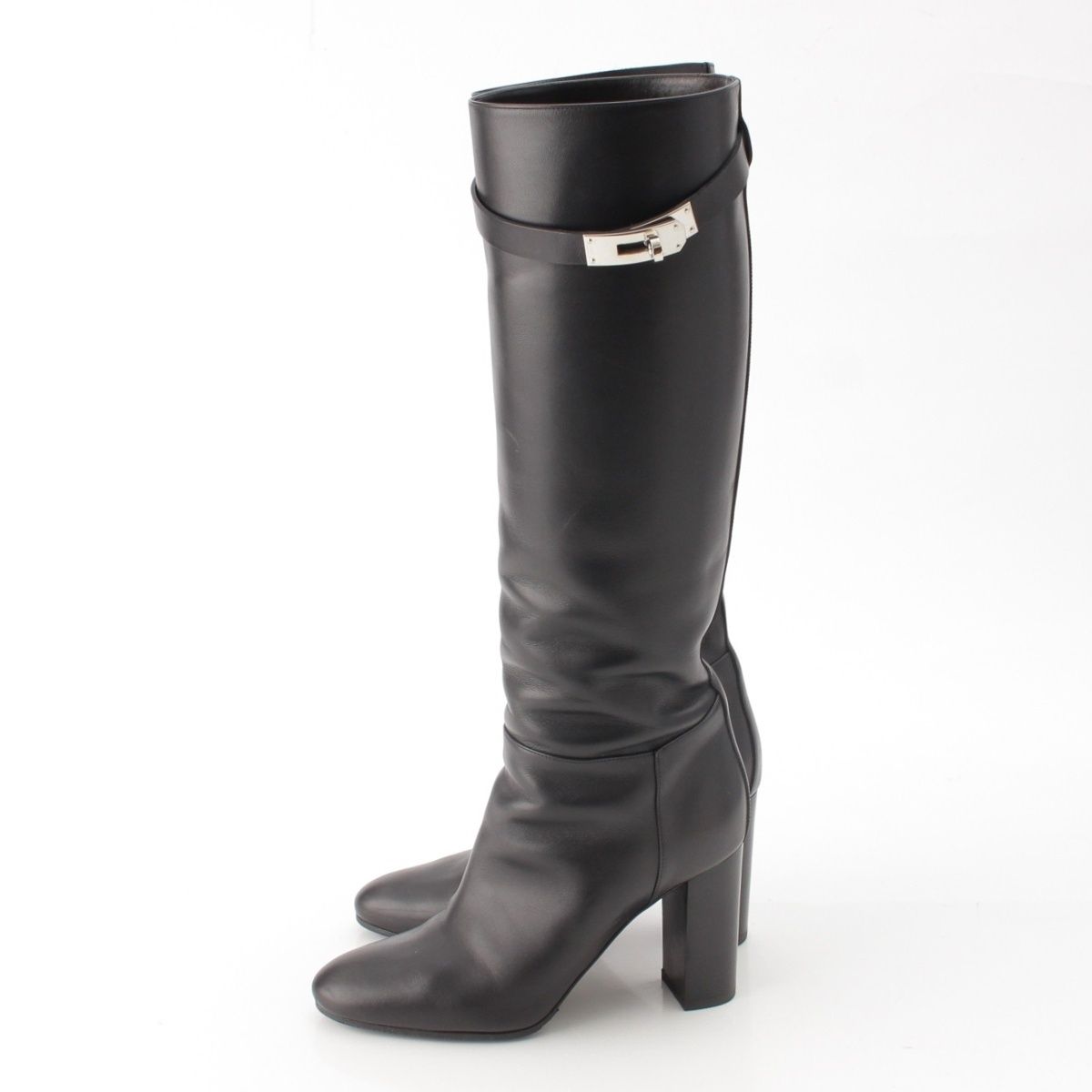 Hermes Story Leather Kelly Heels Long Boots Black — view 3