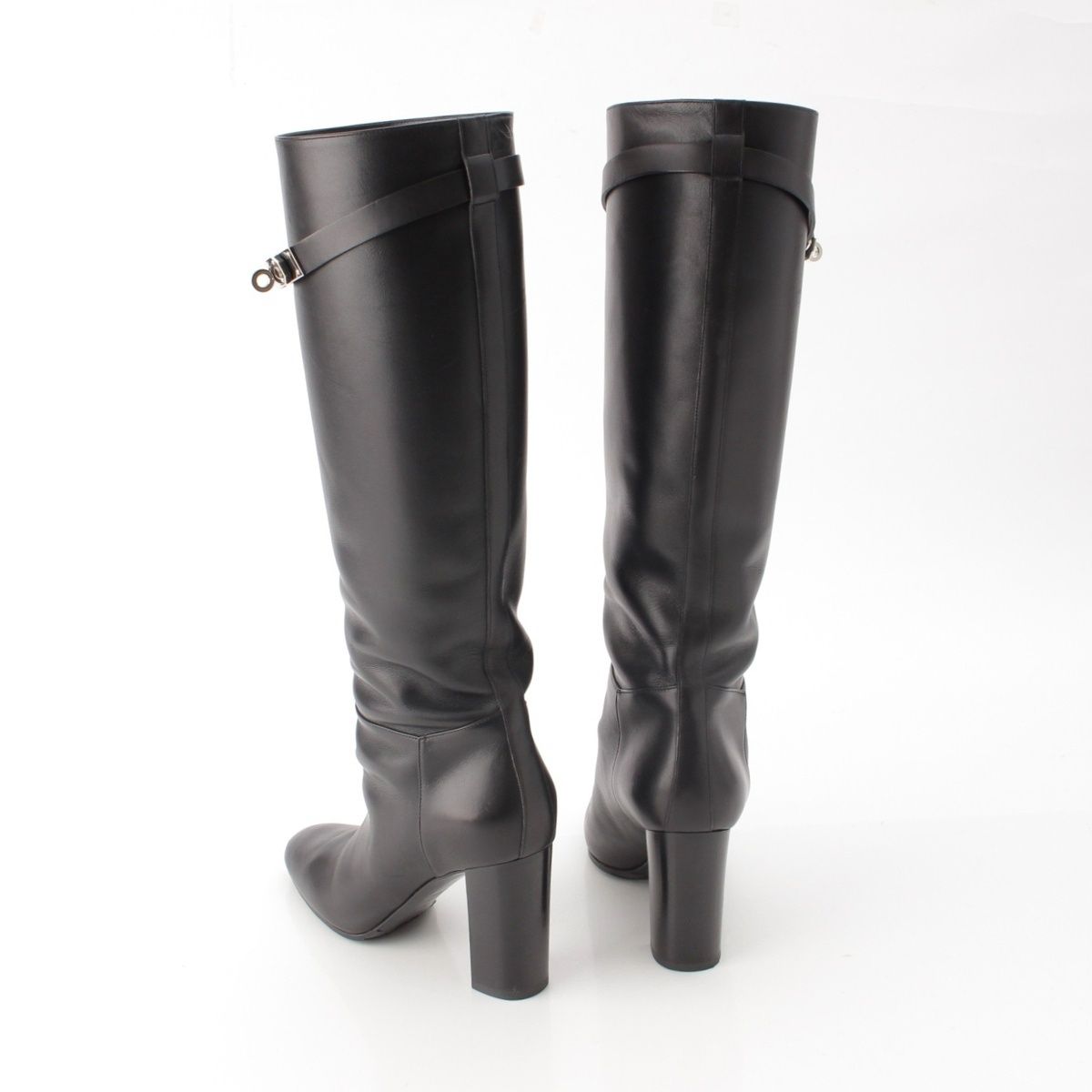 Hermes Story Leather Kelly Heels Long Boots Black — view 4