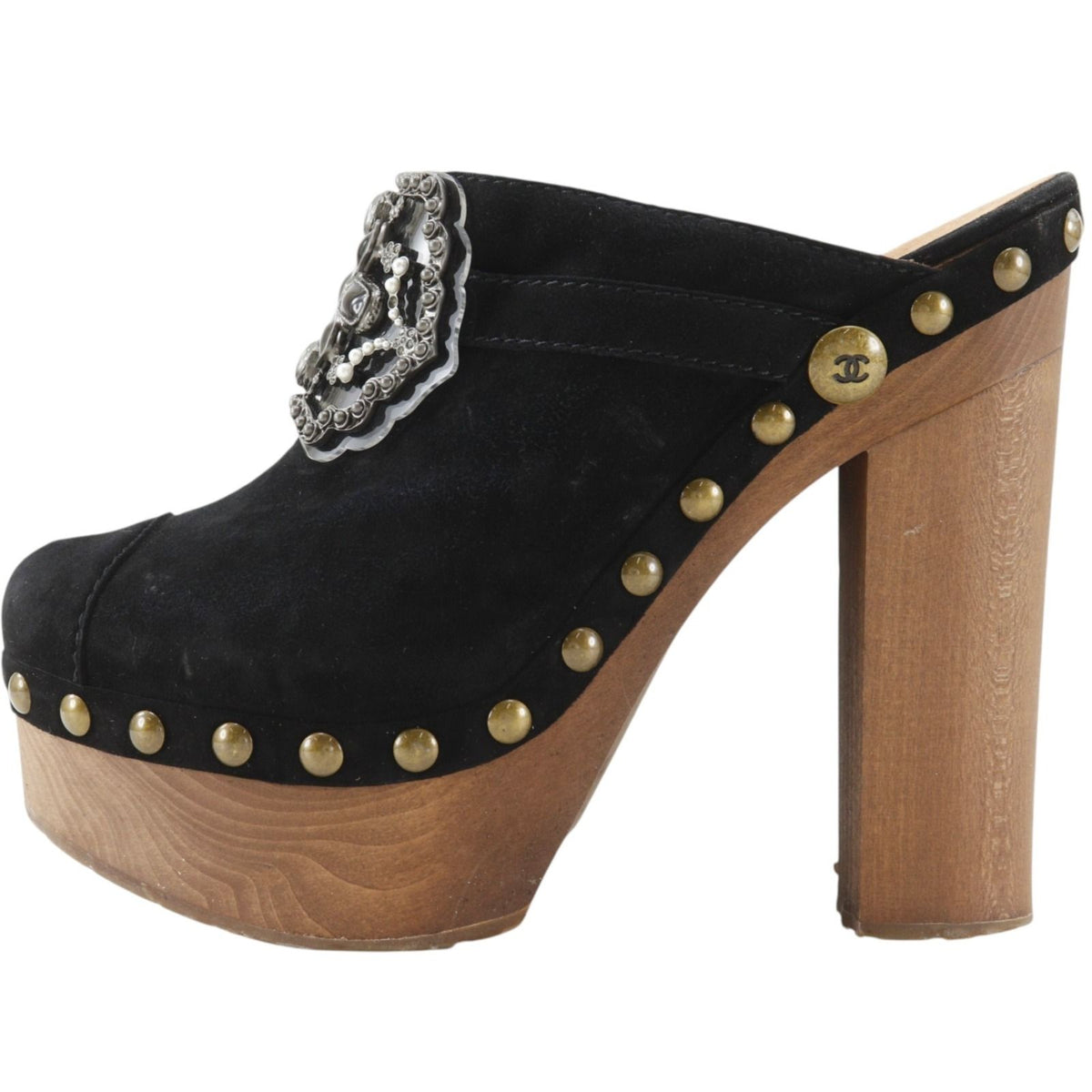 Chanel Clog Sandals Bijou Suede Wood Black — view 2