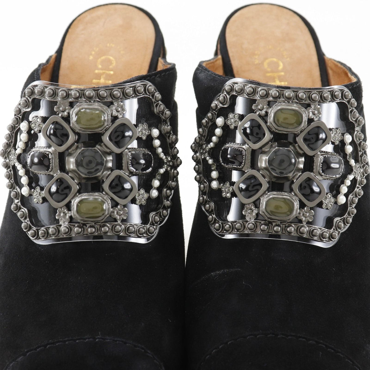 Chanel Clog Sandals Bijou Suede Wood Black — view 7