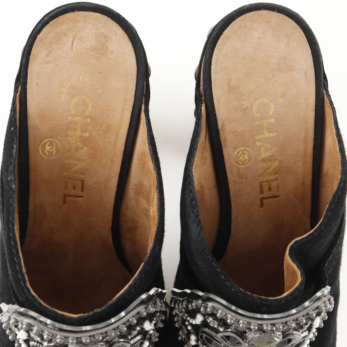 Chanel Clog Sandals Bijou Suede Wood Black — view 6