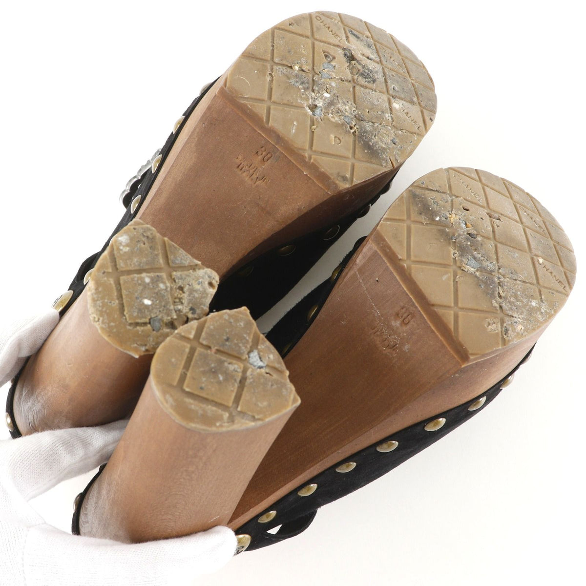 Chanel Clog Sandals Bijou Suede Wood Black — view 5