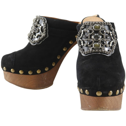 Chanel Clog Sandals Bijou Suede Wood Black