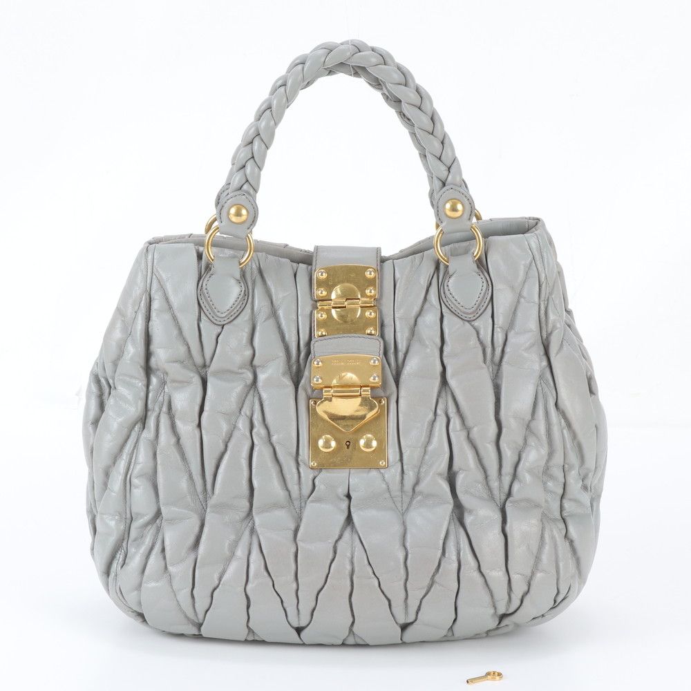 Miu Miu Matelasse Gathered Leather Tote Bag Shoulder Hand Gray