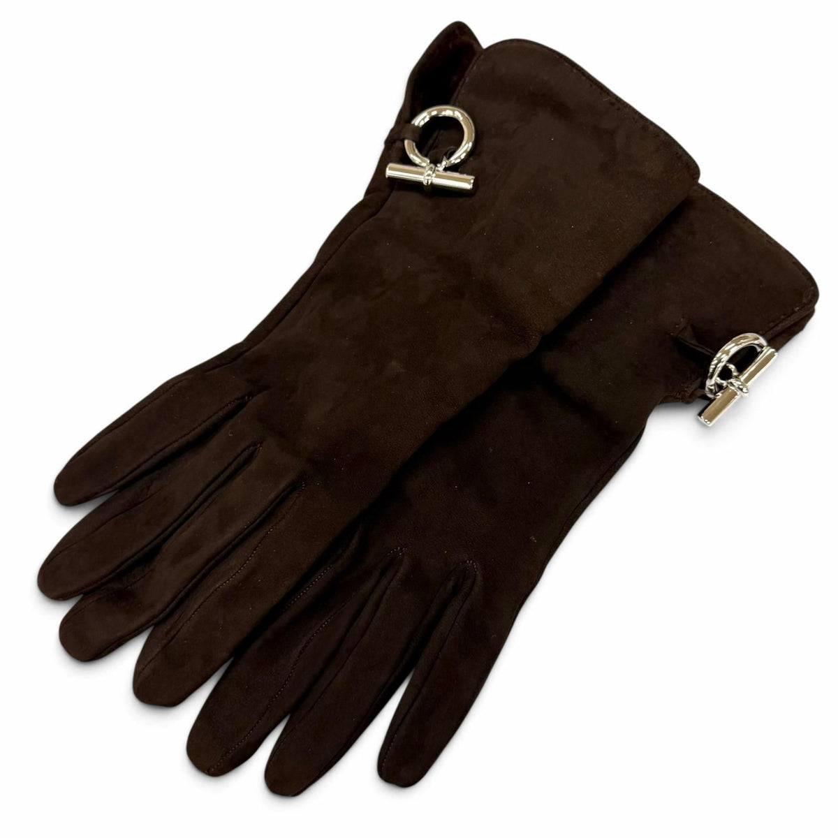 Hermes Shearling Lining Silk 100% Silver Glenan Leather Gloves Brown 7.5