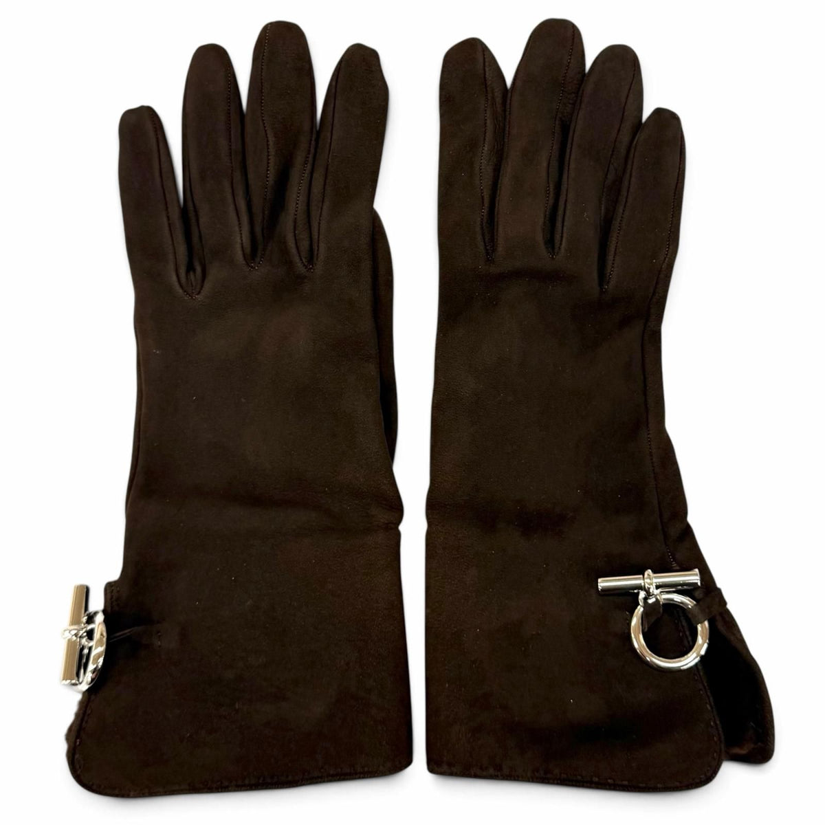 Hermes Shearling Lining Silk 100% Silver Glenan Leather Gloves Brown 7.5 — view 3
