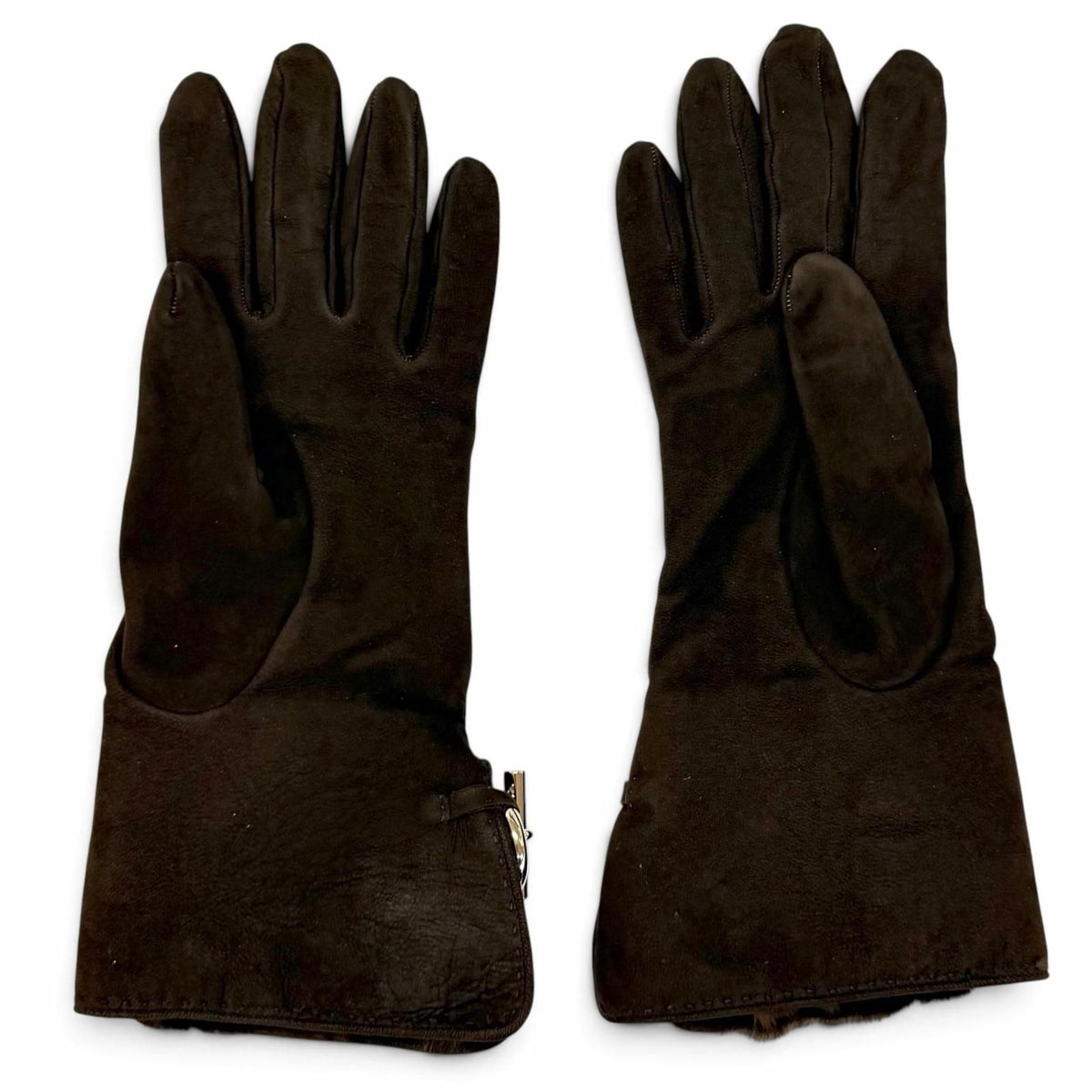 Hermes Shearling Lining Silk 100% Silver Glenan Leather Gloves Brown 7.5 — view 4