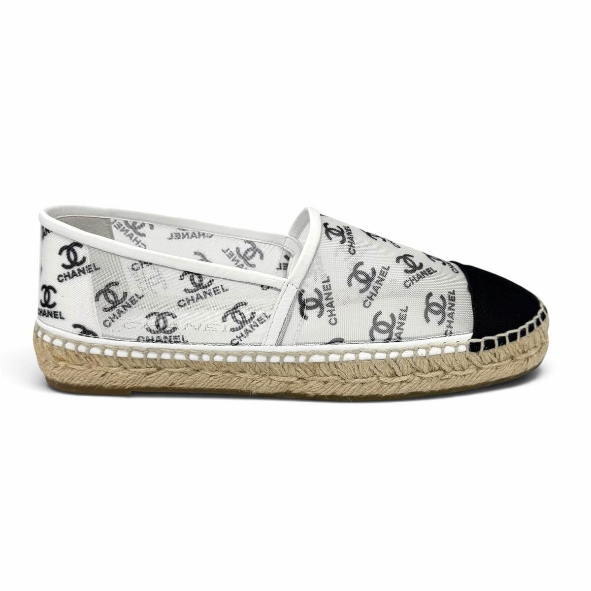 Chanel CC Logo Leather Use Mesh Espadrilles Slip-on White Black — view 6