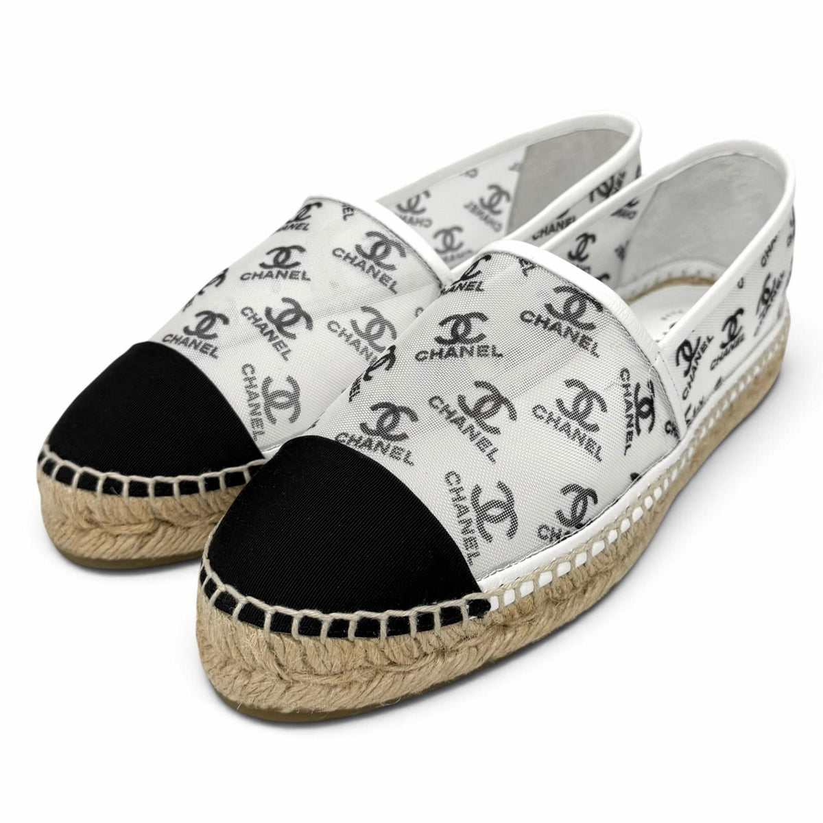 Chanel CC Logo Leather Use Mesh Espadrilles Slip-on White Black