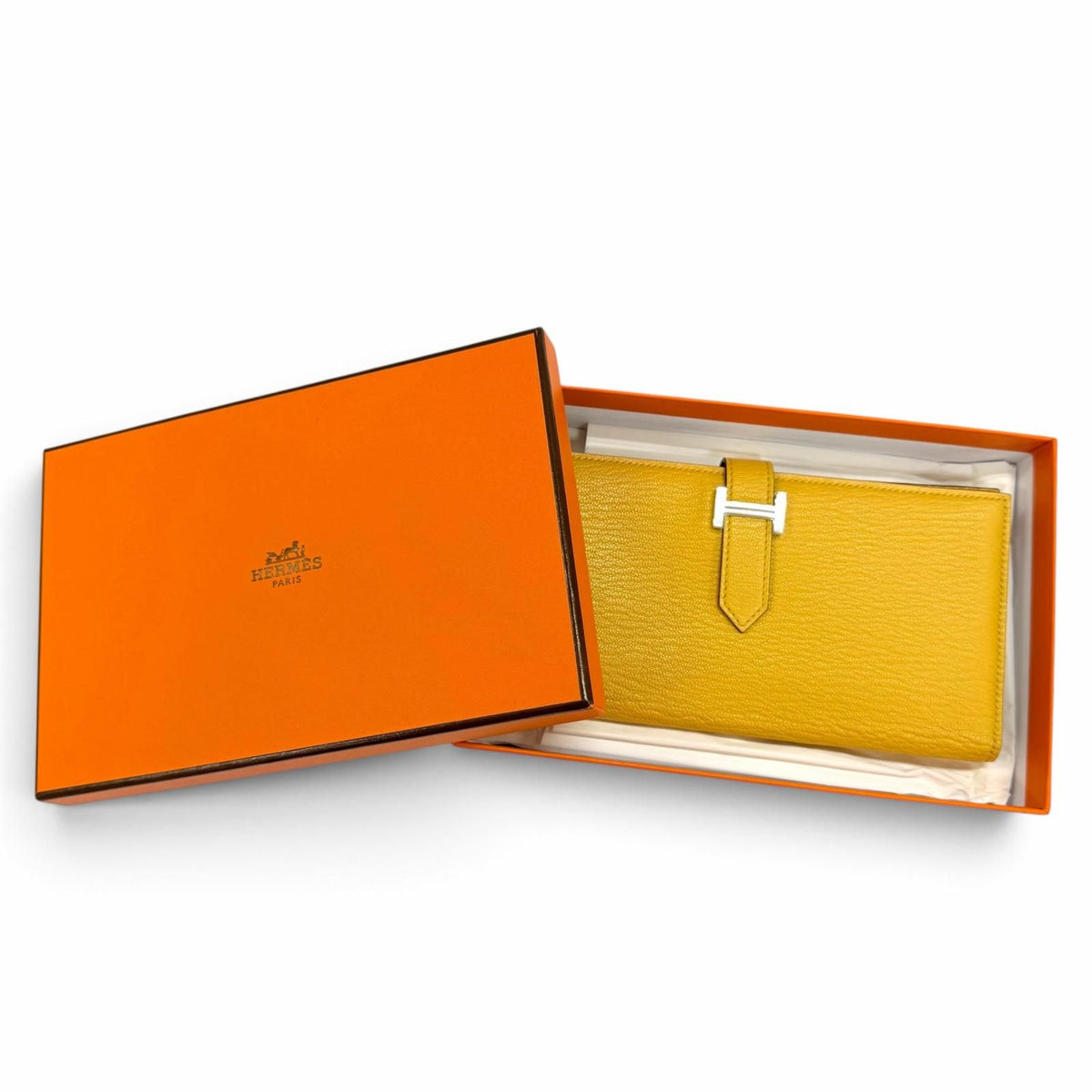 Hermes Bearn Soufflet Chevre Silver H Logo Wallet Yellow — view 2