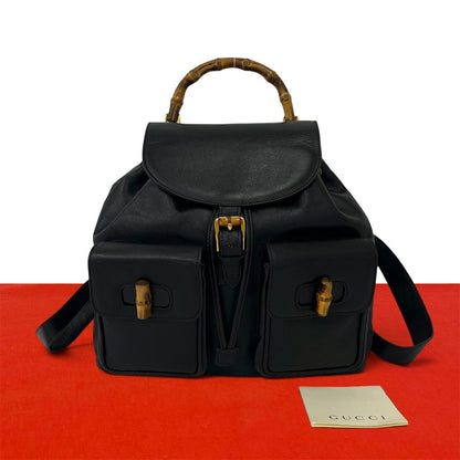 Gucci Vintage Bamboo Leather Backpack Black