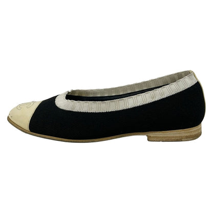 Chanel Flat Shoes Black White Ivory Knit CC Logo Leather