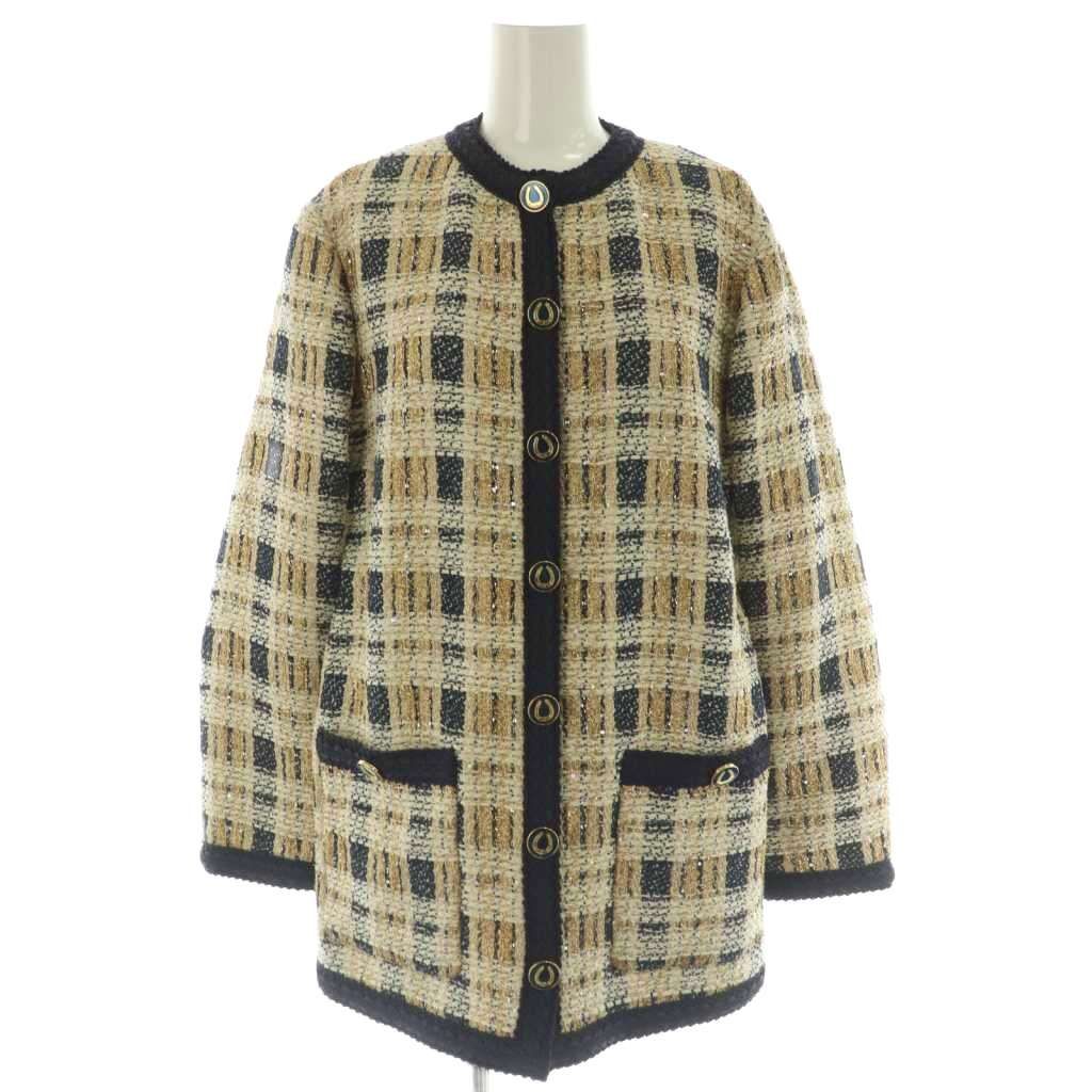 Gucci Tweed Jacket Collarless Beige Navy 36